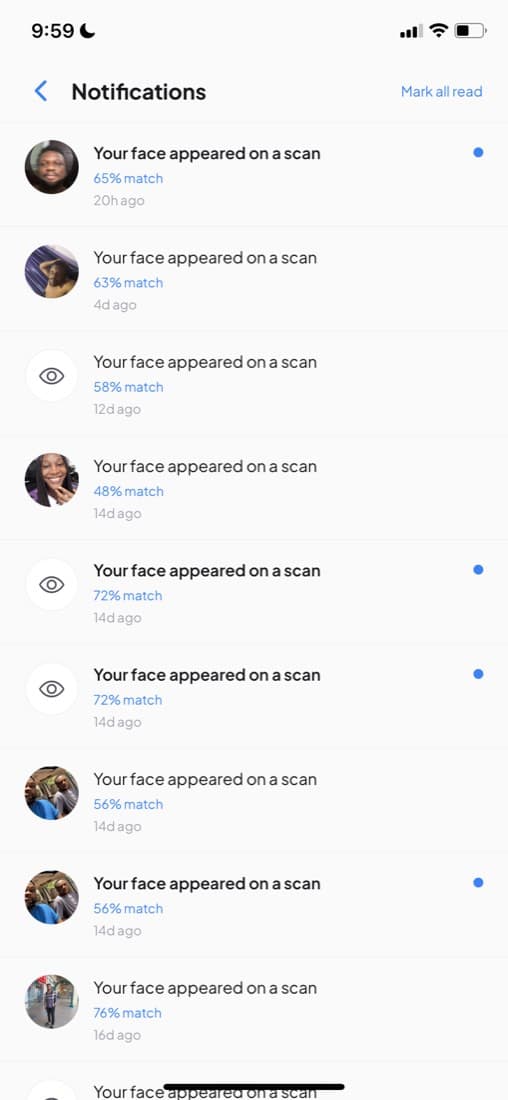Faciey alerts listing every scan a face appeared in