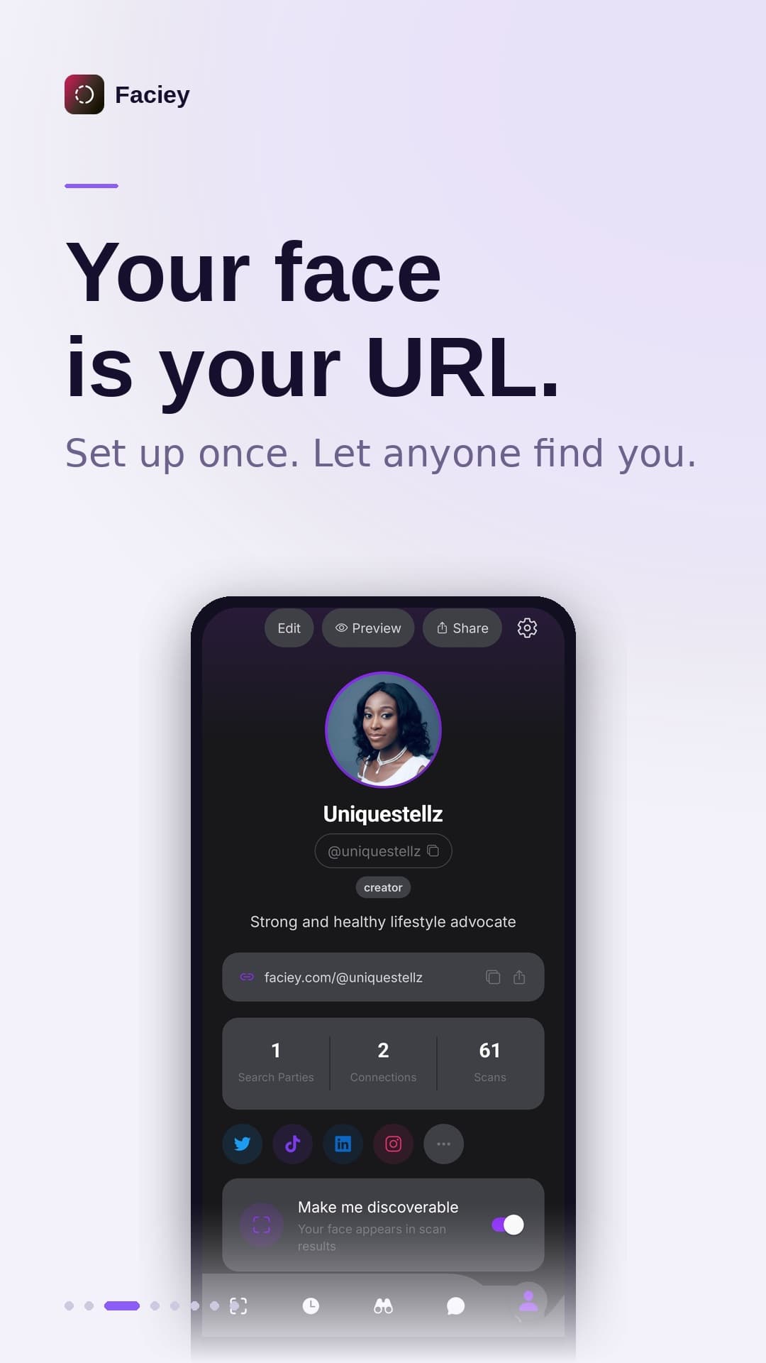 Your face is your URL — Faciey creator profile setup