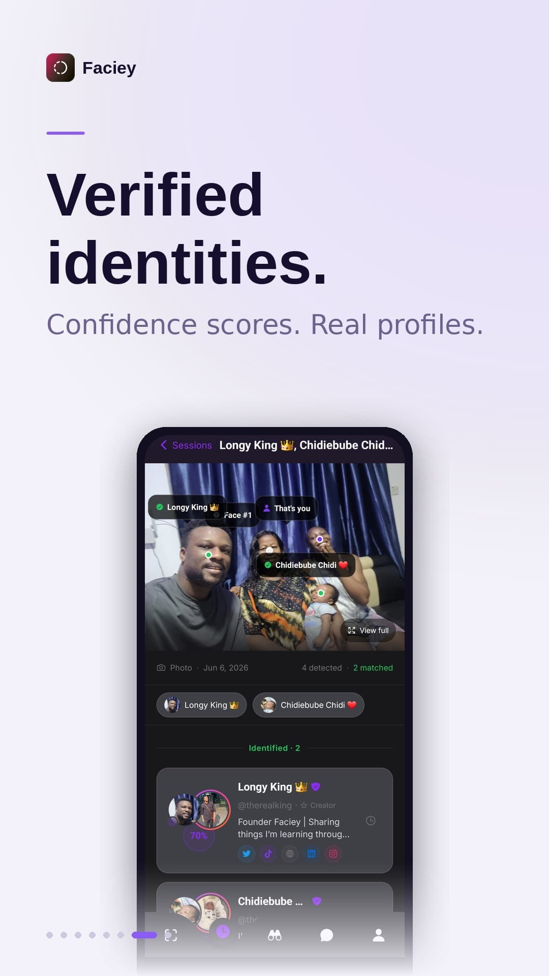 Verified identities with confidence scores — Faciey app